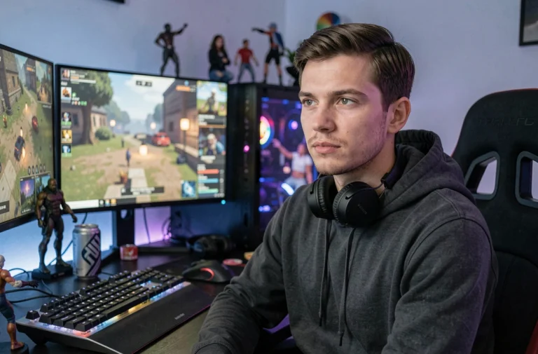 Jeune homme gamer assis à son bureau high-tech avec plusieurs écrans et accessoires geek