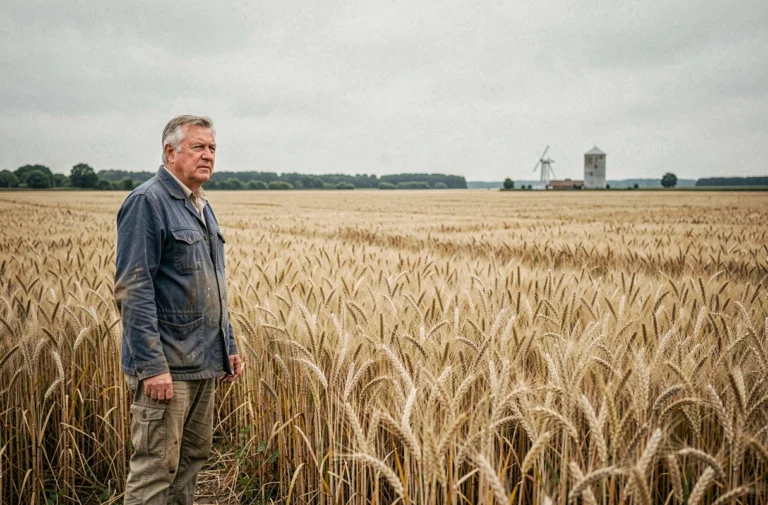 Agriculteur contemplant une immense exploitation céréalière dans la plaine de la Beauce, symbole des grandes surfaces agricoles françaises