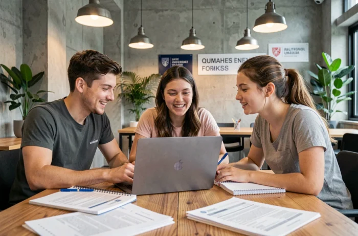 Groupe d'étudiants ingénieurs consultant ensemble le portail eService Esigelec dans un espace de travail collaboratif