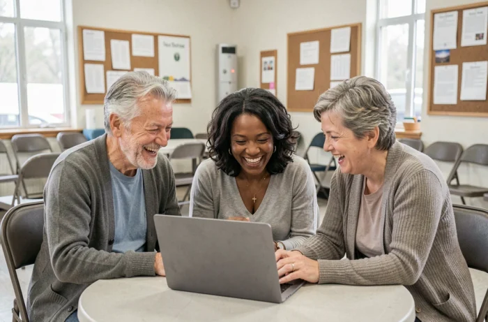 Groupe de seniors explorant ensemble des alternatives en ligne à des sites de rencontre dans un espace communautaire