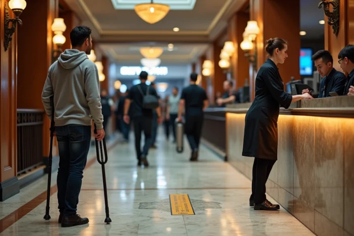 Accueil accessible au Grand Rex avec guichet PMR abaissé et chemin podotactile dans le hall