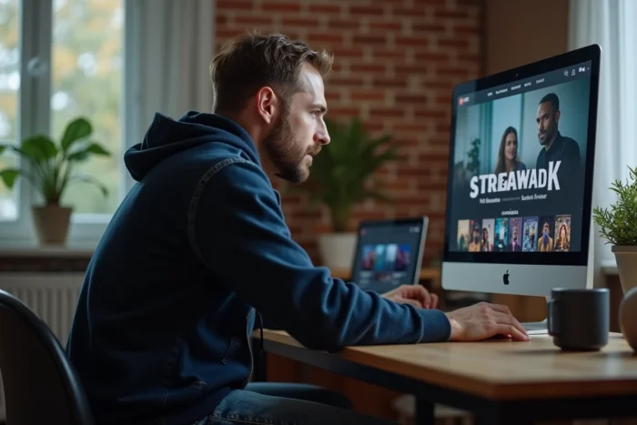 Homme parcourant un site de streaming vidéo sur ordinateur de bureau dans un bureau à domicile