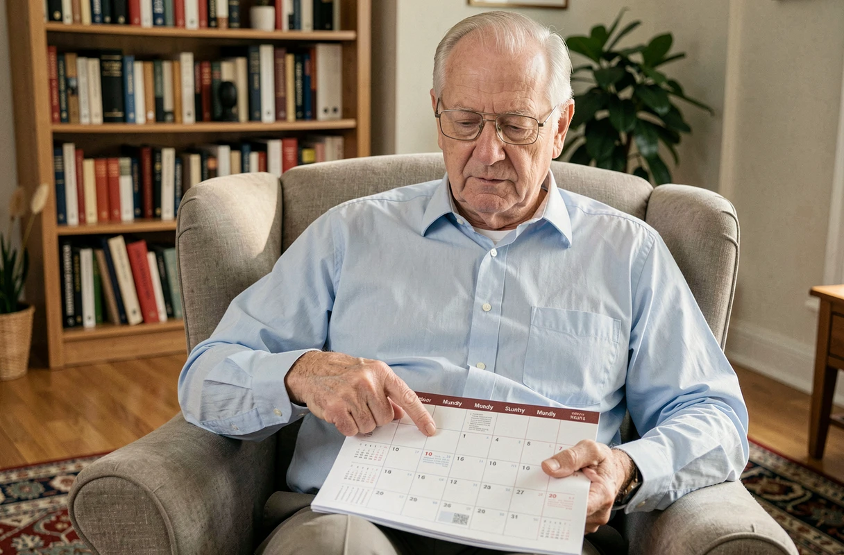 Homme âgé consultant un calendrier grand format sur ses genoux dans un fauteuil de salon confortable