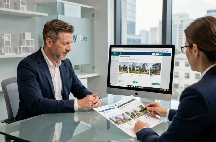 Homme consultant les résultats d'un moteur de recherche immobilier avec un agent dans une agence moderne