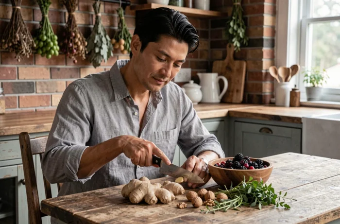 Man preparing natural foods rich in antioxidants to prevent the appearance of gray hair