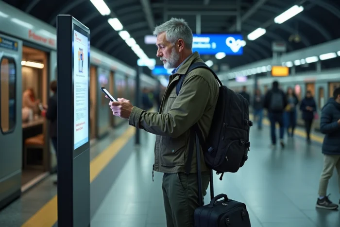 Homme consultant une application mobile pour trouver une douche publique gratuite dans une gare