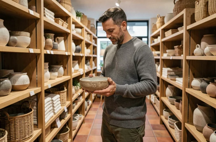 Homme examinant un bol en céramique dans une boutique de décoration intérieure avec des étagères en bois