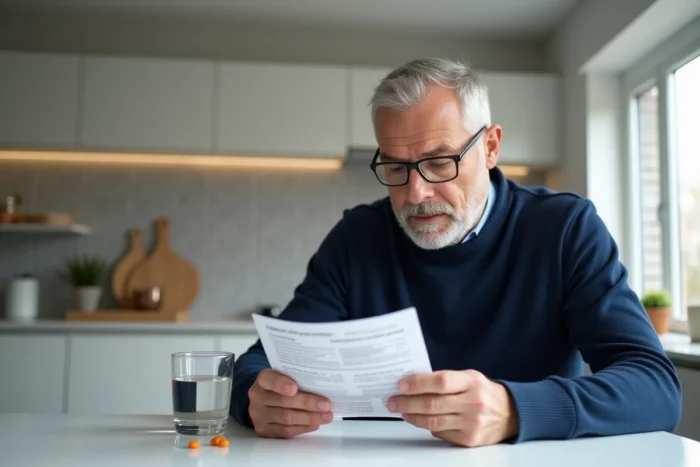 Homme lisant la notice de Daflon pour varices avec comprimés et verre d'eau sur une table de cuisine
