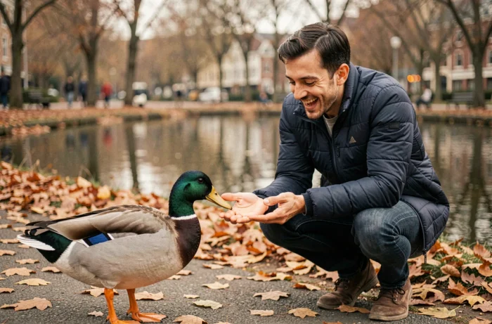 Homem alimentando um pato selvagem em um parque urbano no outono, ilustrando o respeito e a proteção dos animais em meio natural
