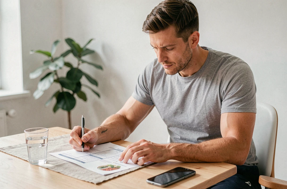 Homme consultant un plan nutritionnel et de remise en forme lié au programme Reborn 21