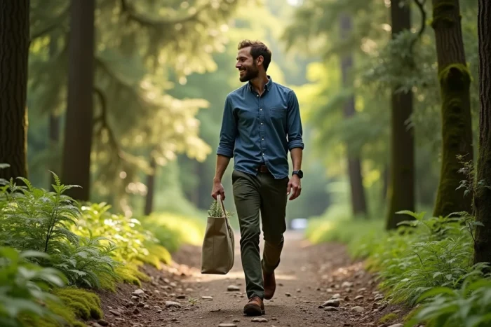 Homme souriant se promenant sur un sentier forestier verdoyant avec sac en toile, lifestyle naturel et écoresponsable