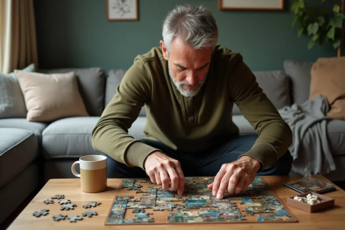Homme assemblant un puzzle complexe dans un salon moderne et cosy lors de ses loisirs