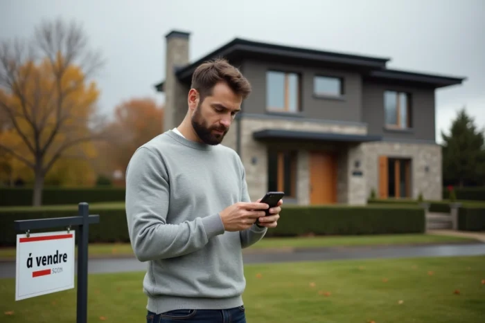 Homme consultant une application immobilière devant une maison à vendre en banlieue