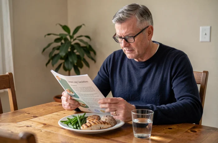 Homme d'une cinquantaine d'années consultant un guide nutritionnel devant un repas équilibré adapté à un traitement à la cortisone