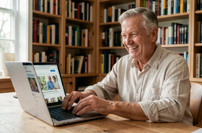 Homme retraité explorant des plateformes communautaires alternatives sur un ordinateur portable dans son bureau à domicile