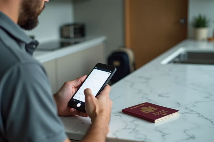Homme photographiant son passeport avec un smartphone sur un comptoir de cuisine avant un départ en Asie