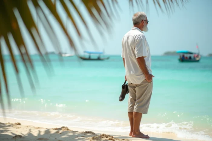 Homme senior les pieds dans le sable admirant l'océan turquoise depuis une plage tropicale calme lors d'un voyage en retraite