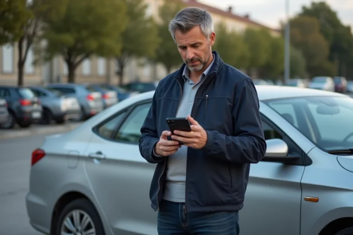 Homme consultant le site ANTS sur smartphone à côté de sa voiture pour refaire une carte grise perdue