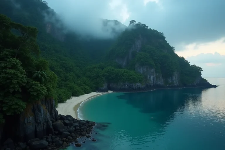 Côte mystérieuse de l'île de Mako entourée de jungle tropicale dense et d'eaux turquoise calmes au crépuscule