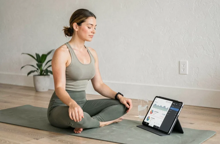 Femme pratiquant la méditation à domicile tout en consultant une application de suivi de santé sur tablette et montre connectée