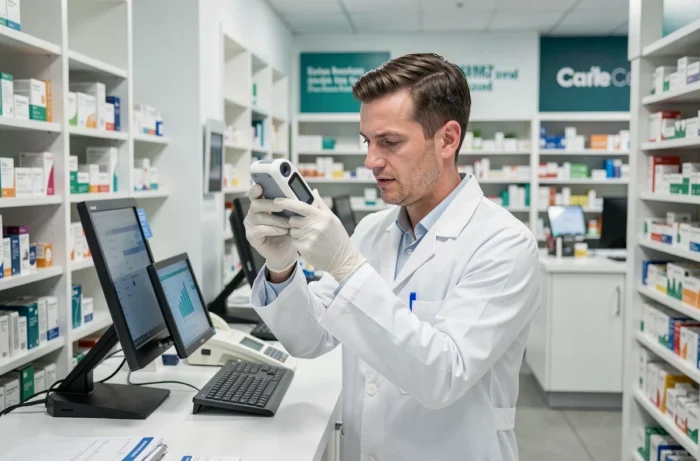 Pharmacien examinant un dispositif médical innovant de diagnostic personnel dans une pharmacie moderne