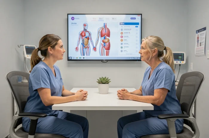 Consultation médicale innovante avec tableau de bord de santé numérique entre une patiente et une professionnelle de santé