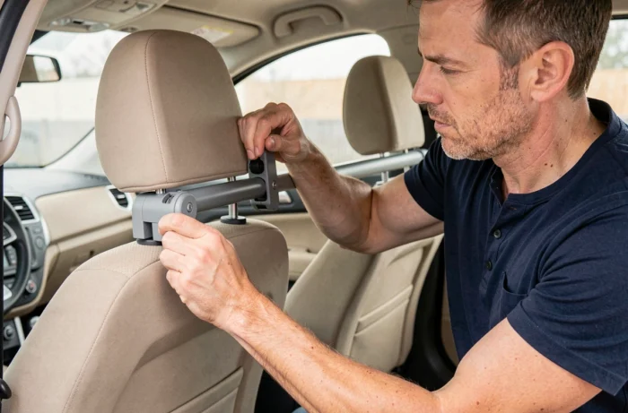 Man installing an anti-crushing bar for puppies on the headrests of the back seat of a compact car