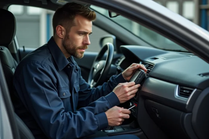Technicien automobile installant un GPS sous le tableau de bord d'une voiture dans un garage professionnel