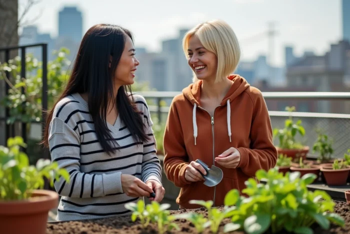 Deux amies jardinent ensemble sur un rooftop urbain tendance parmi des plantes et des pots en terre cuite