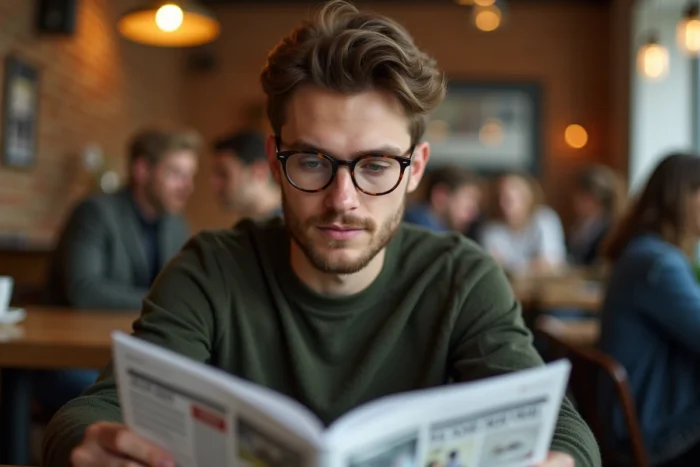 Jeune homme portant des lunettes de correction en train de lire un magazine dans un café