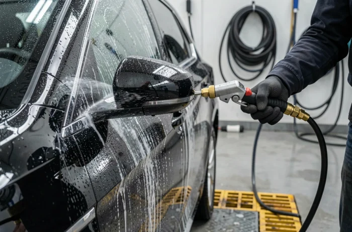Gros plan sur le lavage haute pression d'une carrosserie noire avec des gouttelettes d'eau visibles dans un centre de nettoyage automobile professionnel à Metz