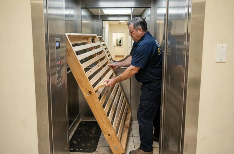 Livreur manœuvrant un sommier en bois dans une cabine d'ascenseur résidentiel standard