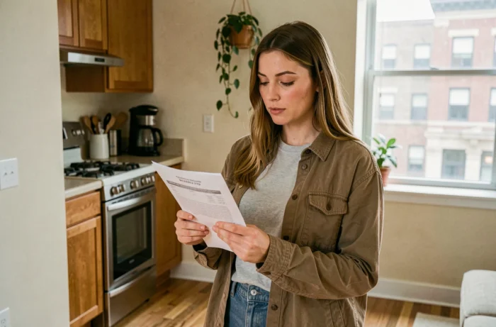 Locataire lisant les documents de renouvellement d'un bail trimestriel dans son appartement