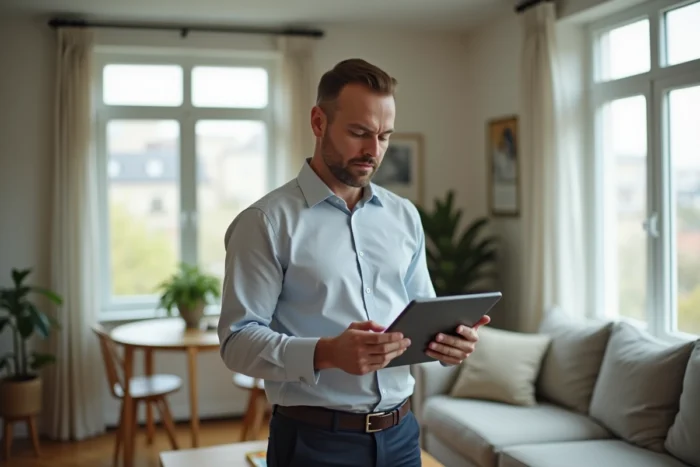 Homme photographiant son appartement meublé avec un smartphone pour le louer entre particuliers via une plateforme de location en ligne