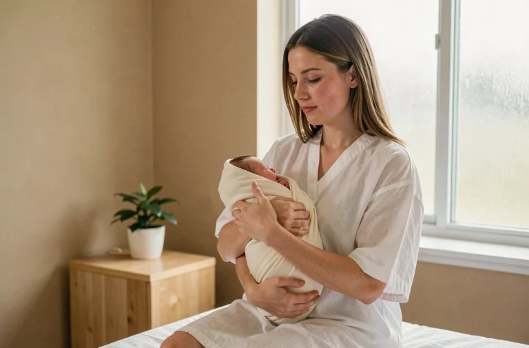 Jeune maman tenant son nouveau-né dans ses bras dans une salle de naissance moderne et apaisante
