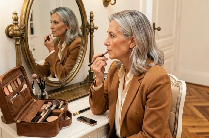 Elegant woman applying lipstick in front of a Parisian-style vanity, natural makeup trends