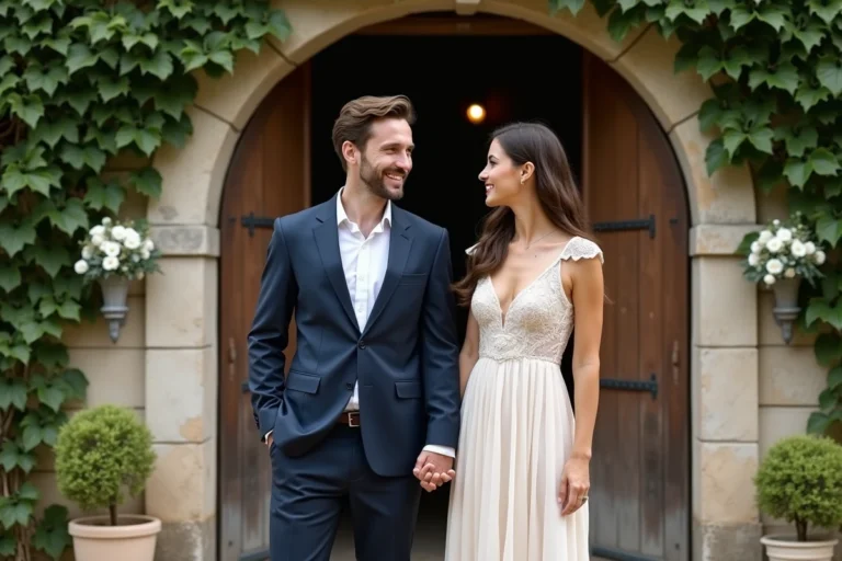 Couple élégant tenant la main devant une petite chapelle en pierre lors d'un mariage discret à la campagne française