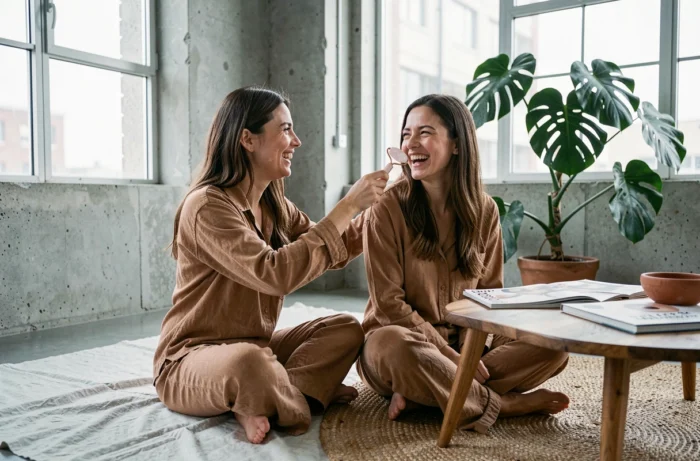 Two women practicing gua sha facial massage in a carefully decorated studio apartment, holistic beauty trends