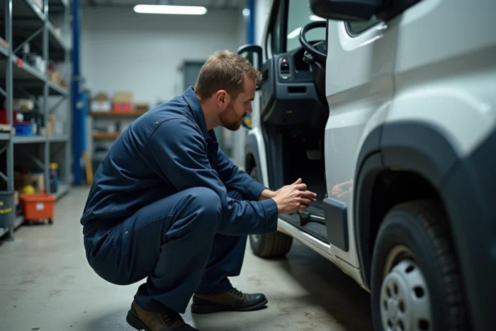 Mécanicien inspectant la colonne de direction d'un Peugeot Boxer dans un atelier de réparation automobile professionnel