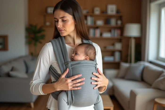 Jeune mère ajustant les sangles de son porte-bébé en tissu gris avec une expression de gêne thoracique