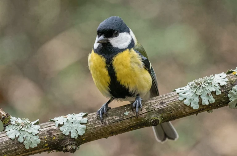 Mésange charbonnière perchée sur une branche en bois recouvert de lichen dans une forêt, symbole spirituel de la nature