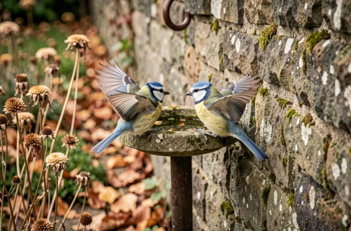 Deux mésanges bleues perchées sur une mangeoire en pierre dans un jardin d'automne, évoquant les symboles cachés de la nature