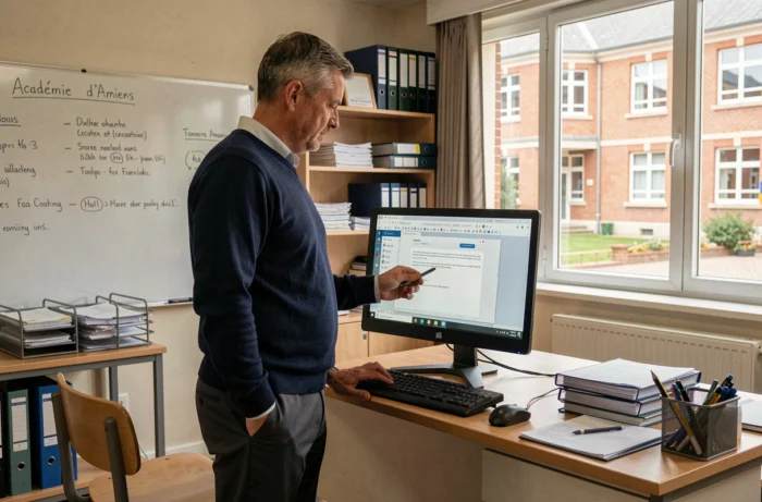 Administrateur scolaire consultant sa messagerie académique AC Amiens sur un ordinateur de bureau