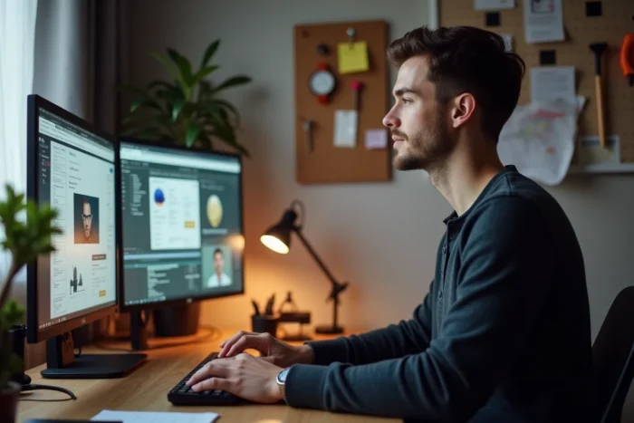 Jeune homme proposant des microservices en ligne sur des plateformes de freelance depuis son bureau à domicile