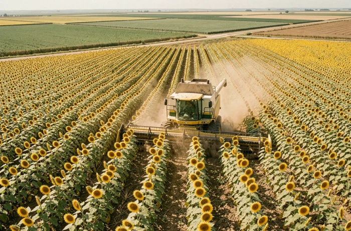 Mietitrebbia che attraversa un'immensa parcella di girasoli in una grande azienda agricola nel sud-ovest della Francia
