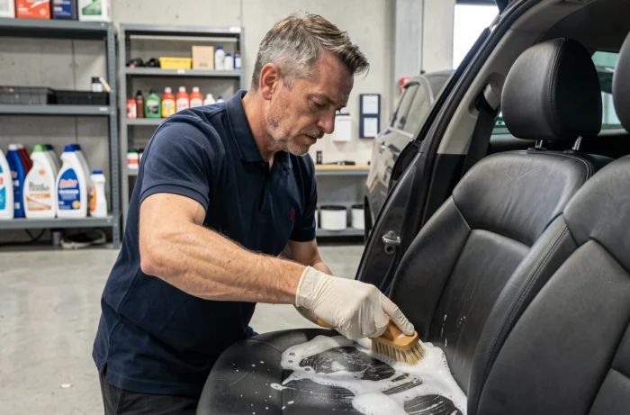 Technicien en nettoyage automobile appliquant un produit moussant sur un siège en cuir dans un garage de détailing professionnel à Metz