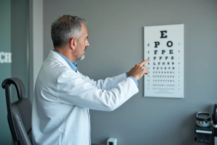 Opticien pointant un tableau de vision lors d'un examen ophtalmologique en cabinet