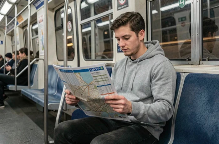 Jeune homme consultant le plan des horaires de la ligne 4 à l'intérieur d'une rame de métro parisien