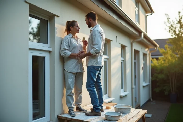 Deux personnes peignant la façade extérieure d'une maison lors de travaux de rénovation