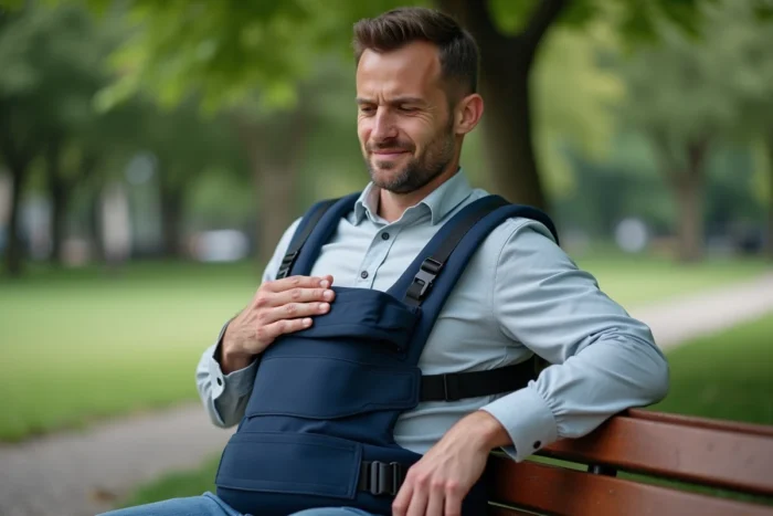 Père assis sur un banc de parc massant sa poitrine après avoir utilisé un porte-bébé ergonomique bleu marine